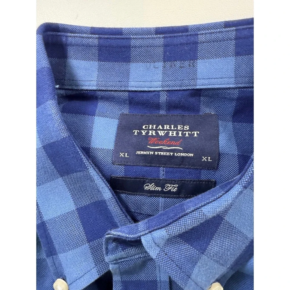 Charles Tyrwhitt Slim Fit Blue Gingham Long Sleeve Shirt Mens XLarge - Picture 2 of 8